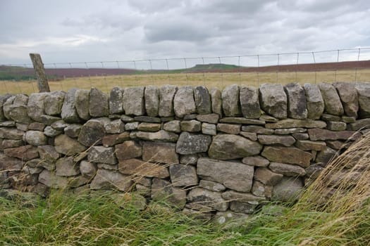 1 - Dry stone wall and wire fence landscape texture. Fields of dry summer grass behind, and the peak of higger tor in the distance.