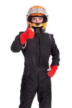 Racing driver posing with helmet isolated in white