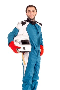 Racing driver posing with helmet isolated in white