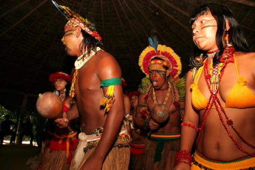 porto seguro, bahia / brazil - april 14, 2009: Pataxo Indians are seen in the village Jaqueira in the city of Porto Seguro, in the south of Bahia..