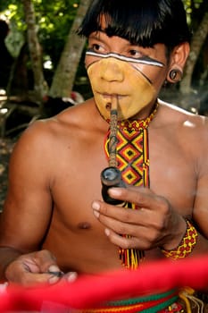 porto seguro, bahia / brazil - april 14, 2009: Pataxo Indians are seen in the village Jaqueira in the city of Porto Seguro, in the south of Bahia..