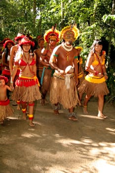 porto seguro, bahia / brazil - april 14, 2009: Pataxo Indians are seen in the village Jaqueira in the city of Porto Seguro, in the south of Bahia..
