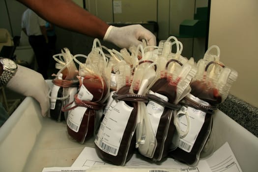 salvador, bahia / brazil - february 10, 2009: Donated blood bag in blood center in Eunapolis city. The blood is distributed to public hospitals in Bahia.
