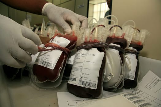 salvador, bahia / brazil - february 10, 2009: Donated blood bag in blood center in Eunapolis city. The blood is distributed to public hospitals in Bahia.
