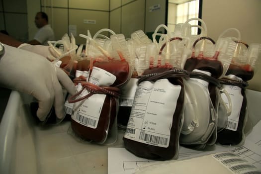 salvador, bahia / brazil - february 10, 2009: Donated blood bag in blood center in Eunapolis city. The blood is distributed to public hospitals in Bahia.