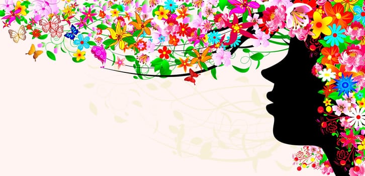 Silhouette of a woman's face among flowers and butterflies. The girl's head is covered with flowers and butterflies. Girl with flowers and butterflies on her head and in her hair.