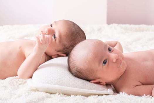 One month newborn twin babies resting on bed, close up portrait shot