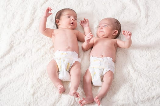 One month newborn twin babies resting on white blanket, close up top viewpoint shot
