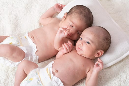One month newborn twin babies with diaper resting on bed, close up top viewpoint portrait shot