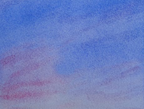Abstract watercolor painting background. Smooth blue and pink sky. Hand drawn on paper with texture illustration