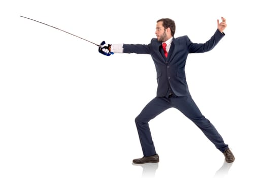 Male fencer businessman, ready for a duel isolated in white background