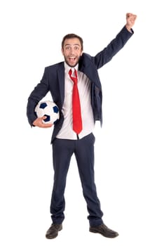 Businessman with soccer ball posing isolated in white