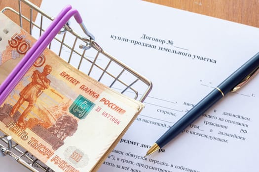There is a bundle of money in a grocery basket and a ballpoint pen on the land purchase agreement