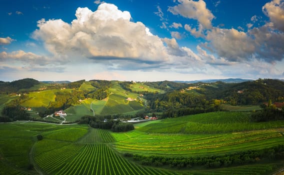 South styria vineyards aerial panorama landscape, near Gamlitz, Austria, Eckberg, Europe. Grape hills view from wine road in spring. Tourist destination, travel spot.