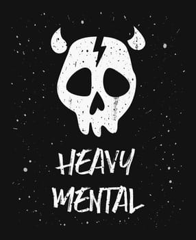 Heavy Mental, trendy text art design for printing, a skull symbol with horns and lightning sign on forehead. Creepy illustration for metal and rock music fans, a concept for brain dysfunction disease.