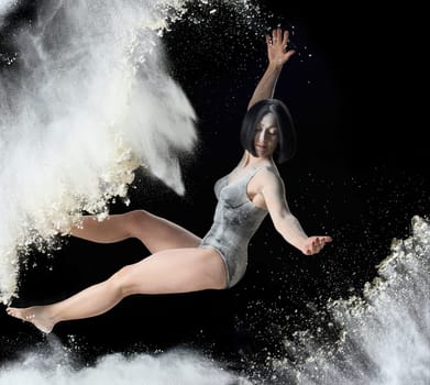 beautiful young caucasian woman in a black bodysuit with a sports figure soars on a black background in a spray of white flour, creative photo, levitation effect