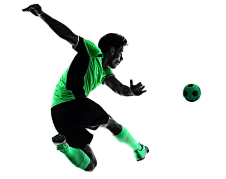 one young caucasian soccer player silhouette shadow in studio isolated on white background