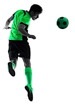 one young caucasian soccer player silhouette shadow in studio isolated on white background
