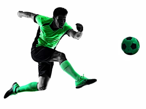 one young caucasian soccer player silhouette shadow in studio isolated on white background