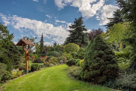 late summer garden with tourist signpost. Evergreen garden concept