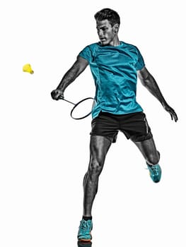 one caucasian youg Badminton player man in studio isolated on white background