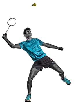 one caucasian youg Badminton player man in studio isolated on white background
