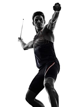 one young caucasian athlete man practicing Javelin athletics in studio isolated on white background