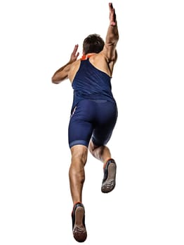 one young caucasian man practicing athletics runner running sprinter sprinting in studio isolated on white background