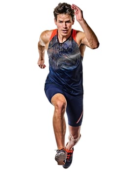 one young caucasian man practicing athletics runner running sprinter sprinting in studio isolated on white background