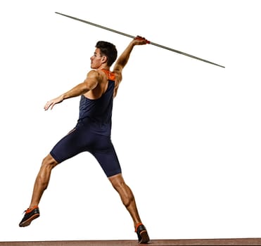 one young caucasian athlete man practicing Javelin athletics in studio isolated on white background