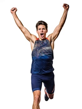 one young caucasian man practicing athletics runner running sprinter sprinting in studio isolated on white background