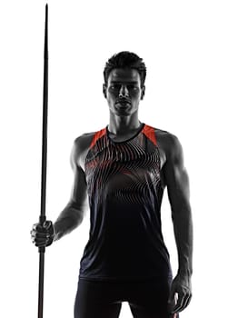 one young caucasian athlete man practicing Javelin athletics in studio isolated on white background