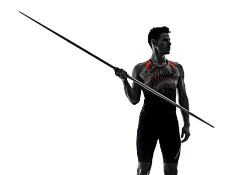 one young caucasian athlete man practicing Javelin athletics in studio isolated on white background