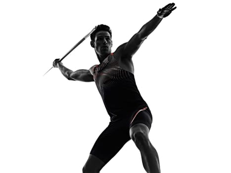 one young caucasian athlete man practicing Javelin athletics in studio isolated on white background