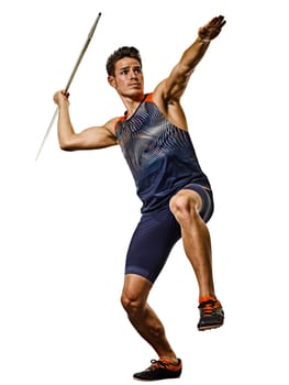 one young caucasian athlete man practicing Javelin athletics in studio isolated on white background