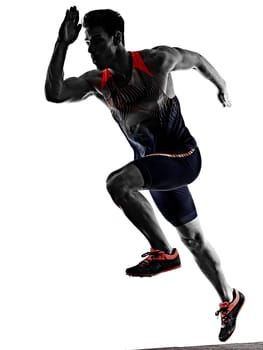 one young caucasian man practicing athletics runner running sprinter sprinting in studio isolated on white background