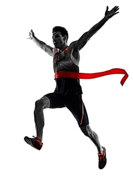 one young caucasian man practicing athletics runner running sprinter sprinting in studio isolated on white background
