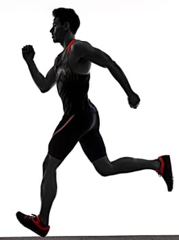 one young caucasian man practicing athletics runner running sprinter sprinting in studio isolated on white background