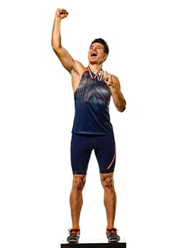 one young caucasian man athetle gold medalist athletics in studio isolated on white background