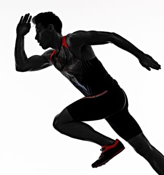 one young caucasian man practicing athletics runner running sprinter sprinting in studio isolated on white background