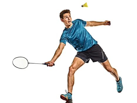 one caucasian young Badminton player man in studio isolated on white background
