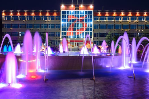 Anapa, Russia - July 17, 2020: The building of the administration of the city of the resort of Anapa decorated in the style of celebration of the 75th anniversary of victory in the great patriotic war