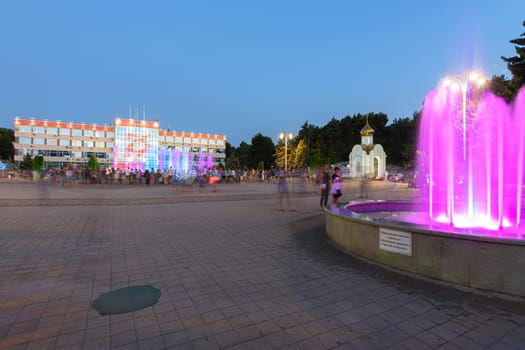 Anapa, Russia - July 17, 2020: Panorama of the Soviet Square in Anapa, fountains in front of the administration of the city of the Anapa resort