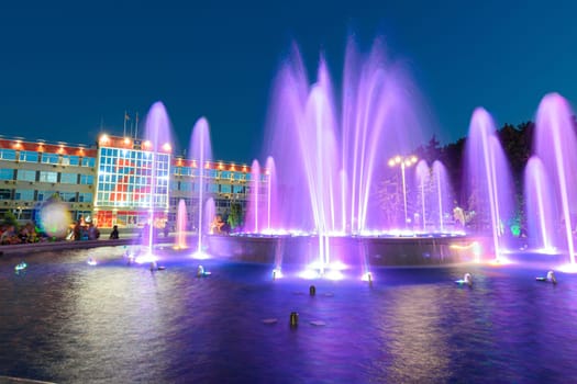 Anapa, Russia - July 17, 2020: A beautiful fountain on the Sovetov Square in Anapa in front of the administration building