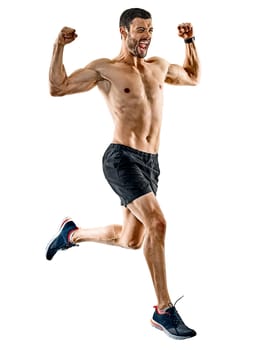 one caucasian man runner jogger running jogging isolated on white background with shadows