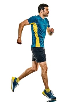 one caucasian handsome mature man running runner jogging jogger isolated on white background