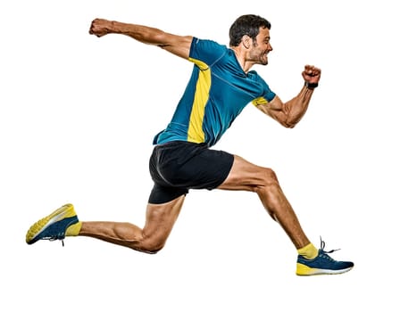 one caucasian handsome mature man running runner jogging jogger isolated on white background