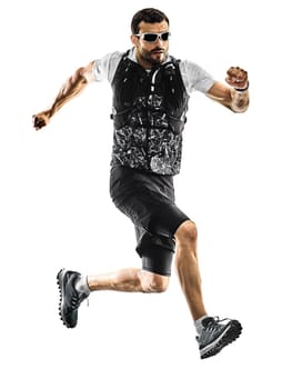 one caucasian man trail runner running silhouette isolated on white background