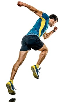one caucasian handsome mature man running runner jogging jogger isolated on white background