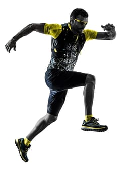 one caucasian man trail runner running silhouette isolated on white background